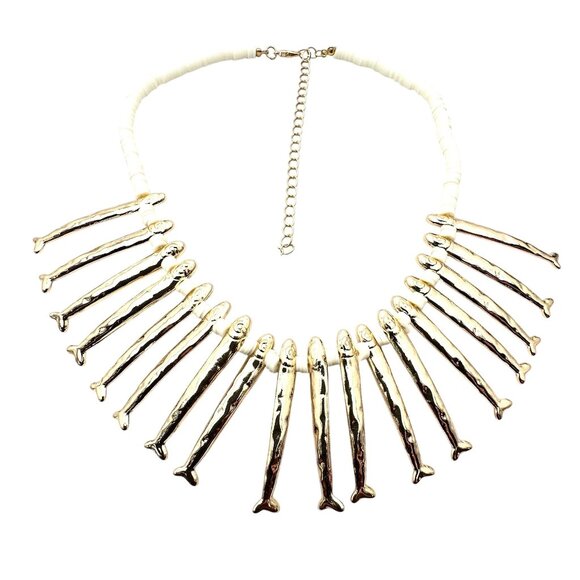 Gold Tone Fish Off White Shell Statement Necklace New Modernist Design - Picture 2 of 4